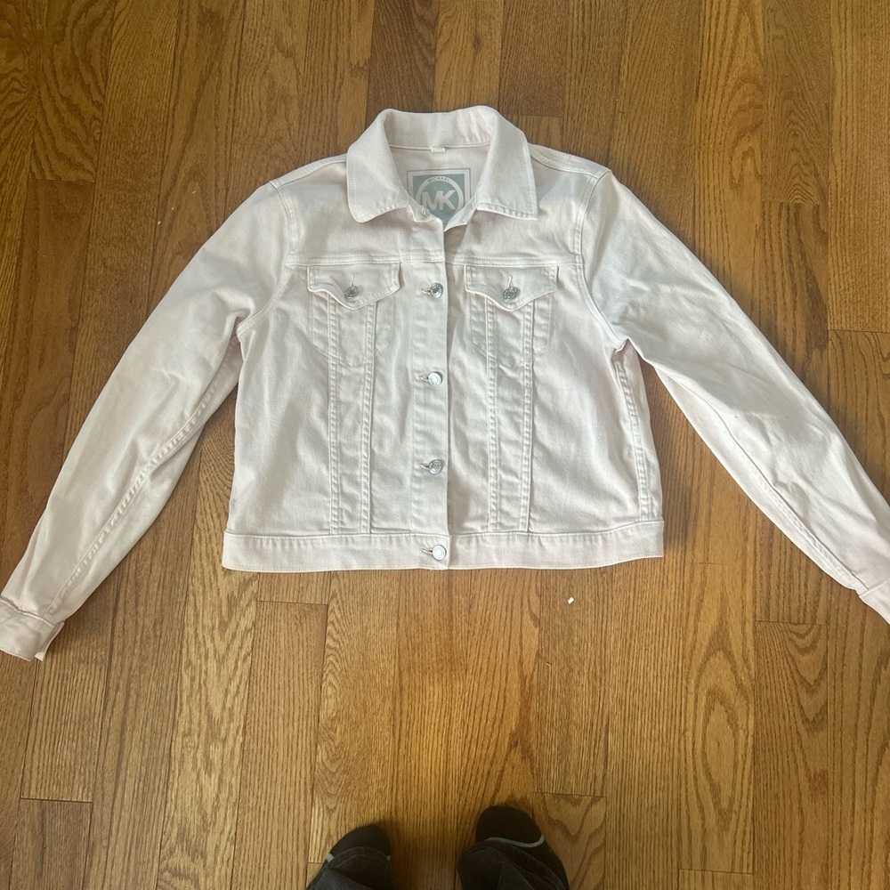 MICHAEL KORS Long Sleeve Large Pink Logo Hardware Stretch Denim Jacket Feminine - Picture 4 of 12